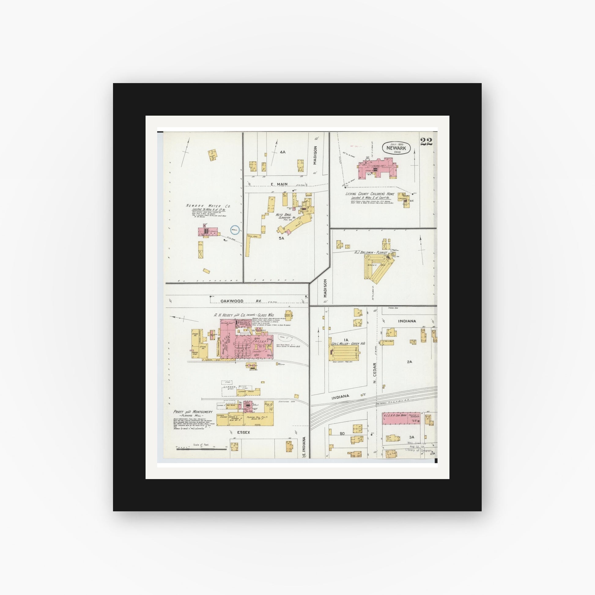 Old map wall art mockup — black gallery frame with white mat — Sanborn Fire Insurance Map from Newark, Licking County, Ohio (1899), Sheet #0022