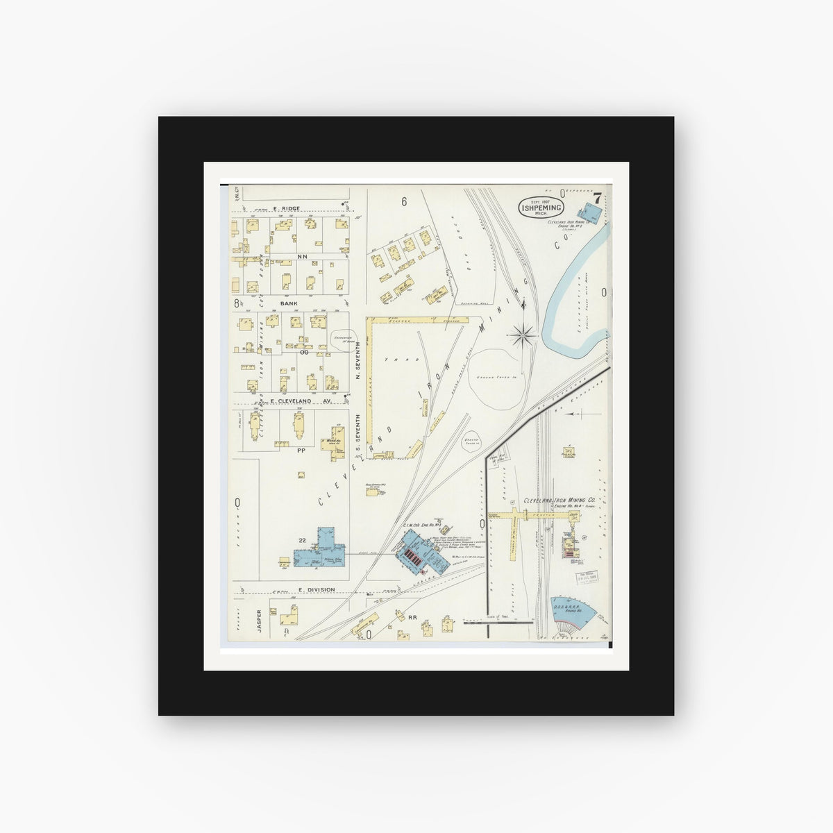 Old map wall art mockup — black gallery frame with white mat — Sanborn Fire Insurance Map from Ishpeming, Marquette County, Michigan (1897), Sheet #0007