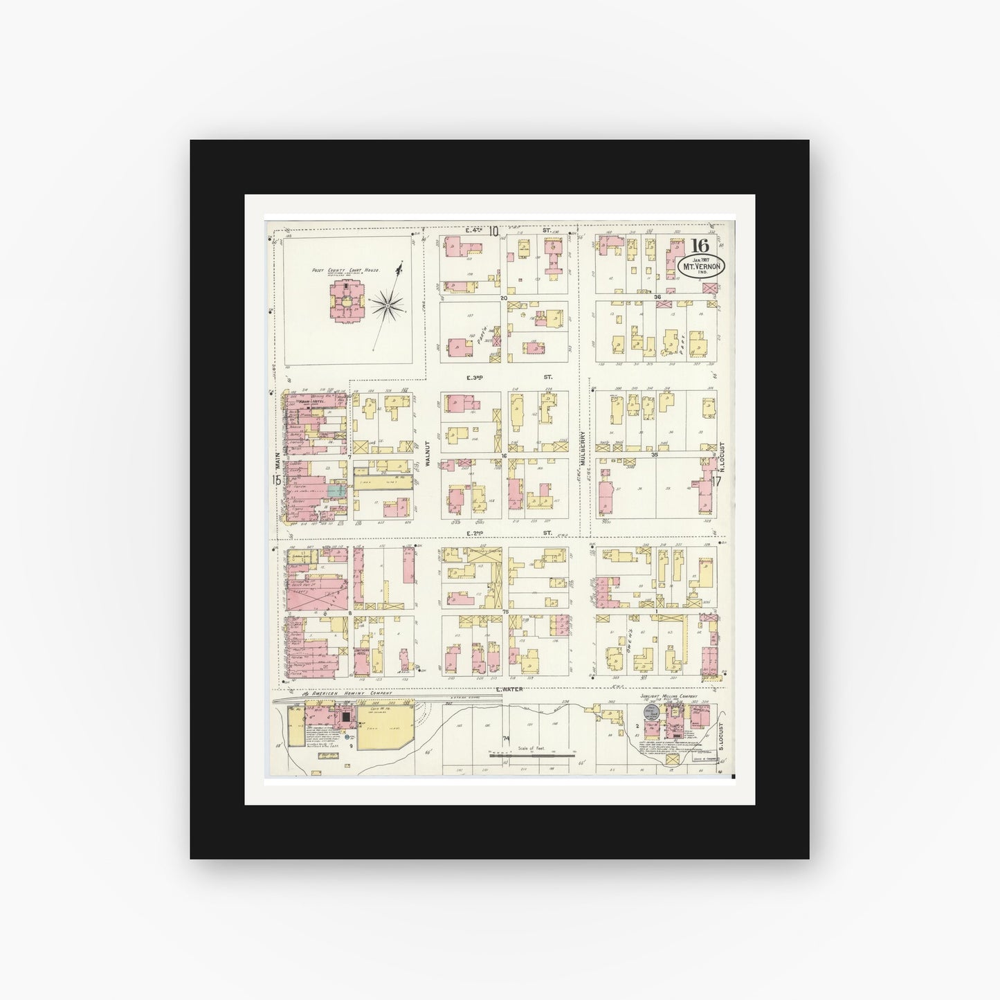 Old map wall art mockup — black gallery frame with white mat — Sanborn Fire Insurance Map from Mount Vernon, Posey County, Indiana (1907), Sheet #0016