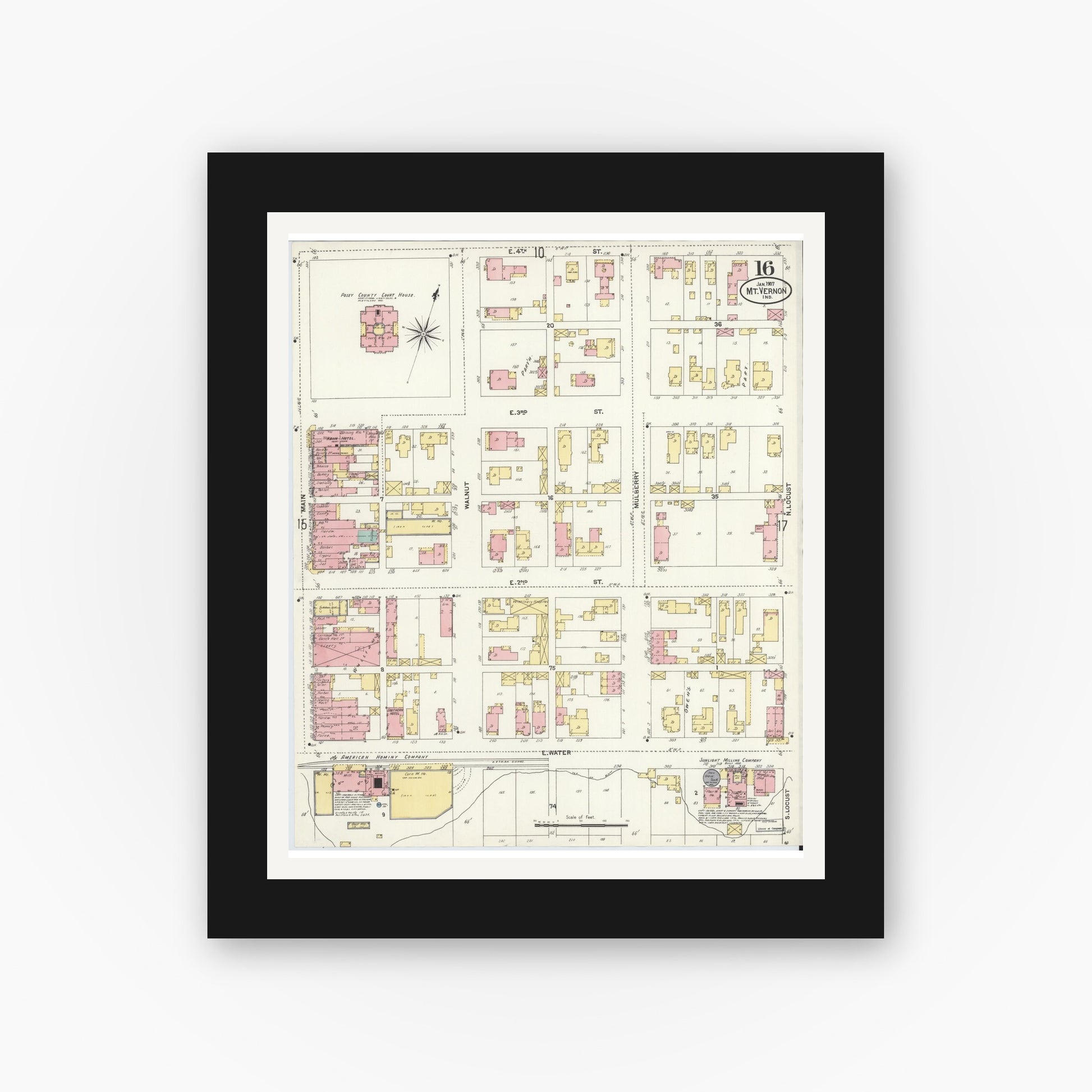 Old map wall art mockup — black gallery frame with white mat — Sanborn Fire Insurance Map from Mount Vernon, Posey County, Indiana (1907), Sheet #0016
