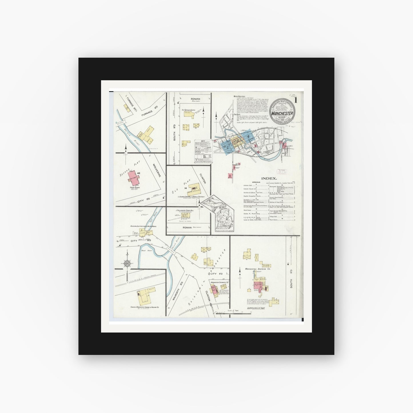 Old map wall art mockup — black gallery frame with white mat — Sanborn Fire Insurance Map from Manchester, Washtenaw County, Michigan (1912) - Complete Map Set