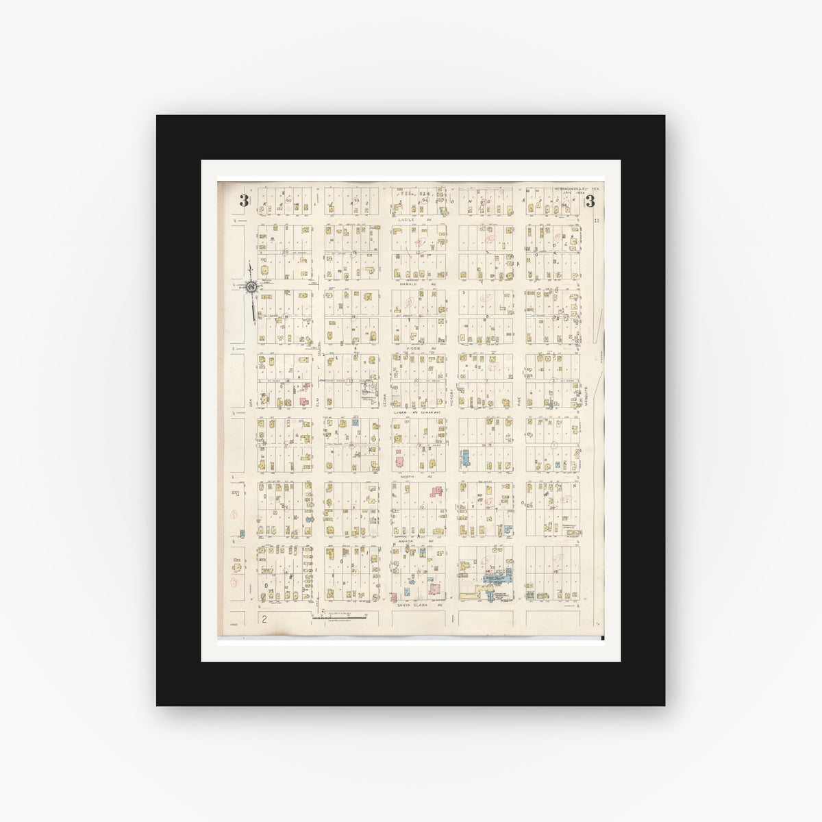 Old map wall art mockup — black gallery frame with white mat — Sanborn Fire Insurance Map from Hebbronville, Jim Hogg County, Texas (1943), Sheet #0003