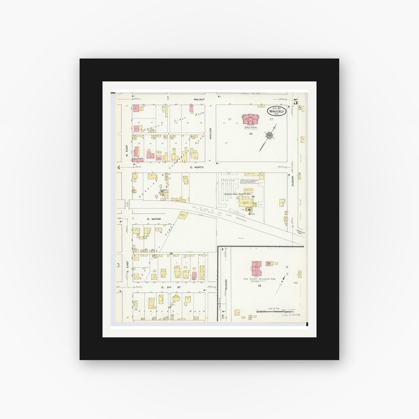 Old map wall art mockup — black gallery frame with white mat — Sanborn Fire Insurance Map from Waverly, Pike County, Ohio (1911), Sheet #0005
