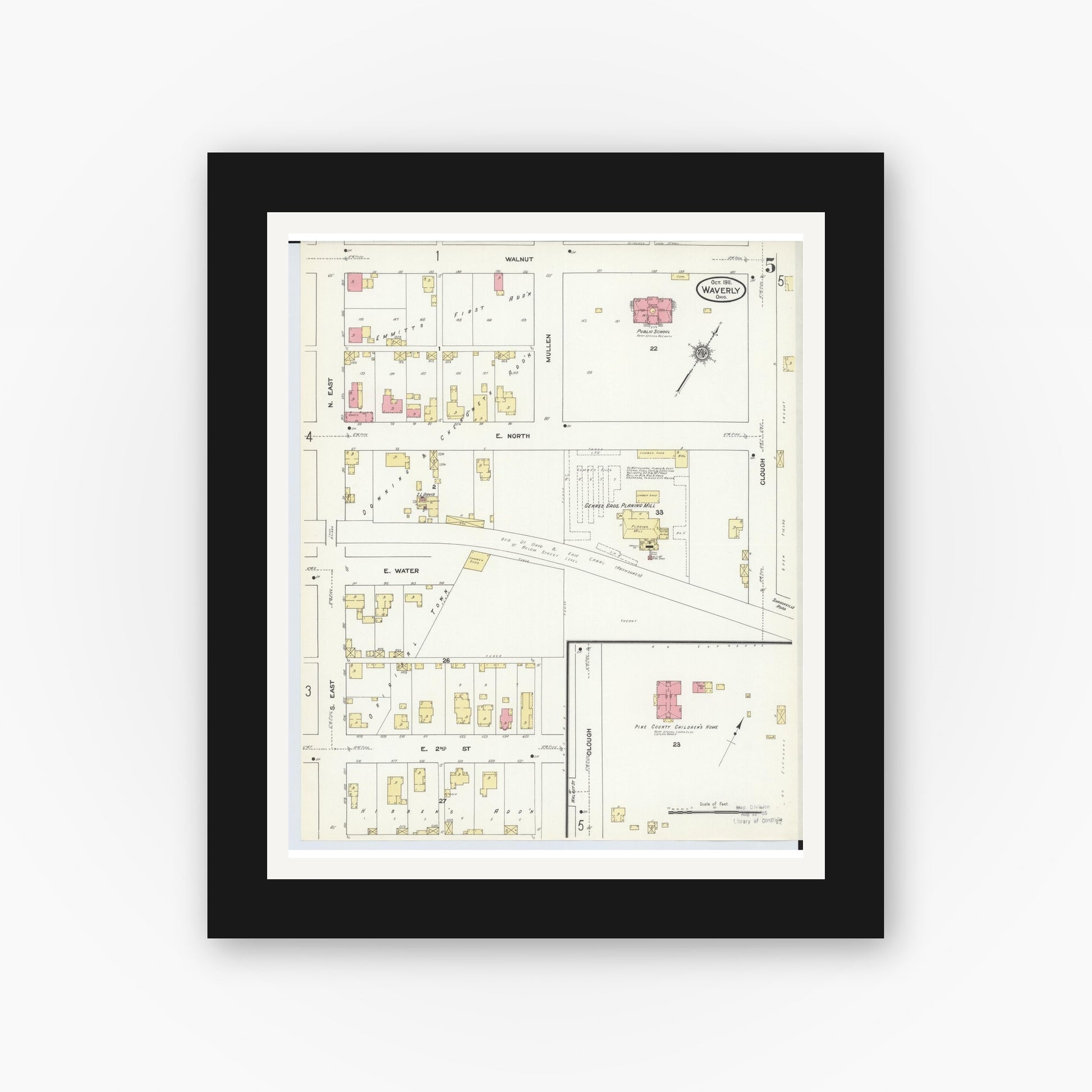Old map wall art mockup — black gallery frame with white mat — Sanborn Fire Insurance Map from Waverly, Pike County, Ohio (1911), Sheet #0005