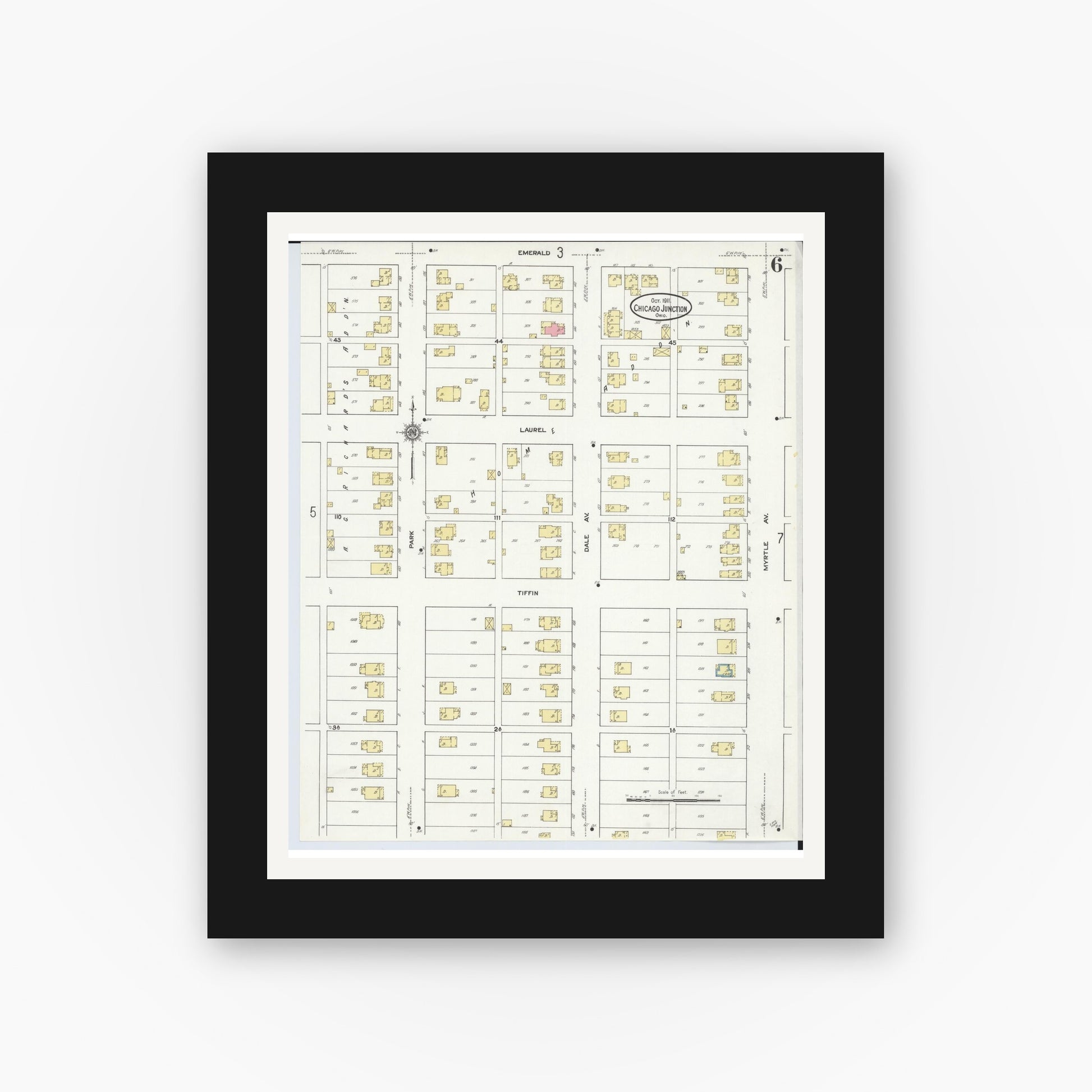 Old map wall art mockup — black gallery frame with white mat — Sanborn Fire Insurance Map from Chicago Junction, Huron County, Ohio (1911), Sheet #0006