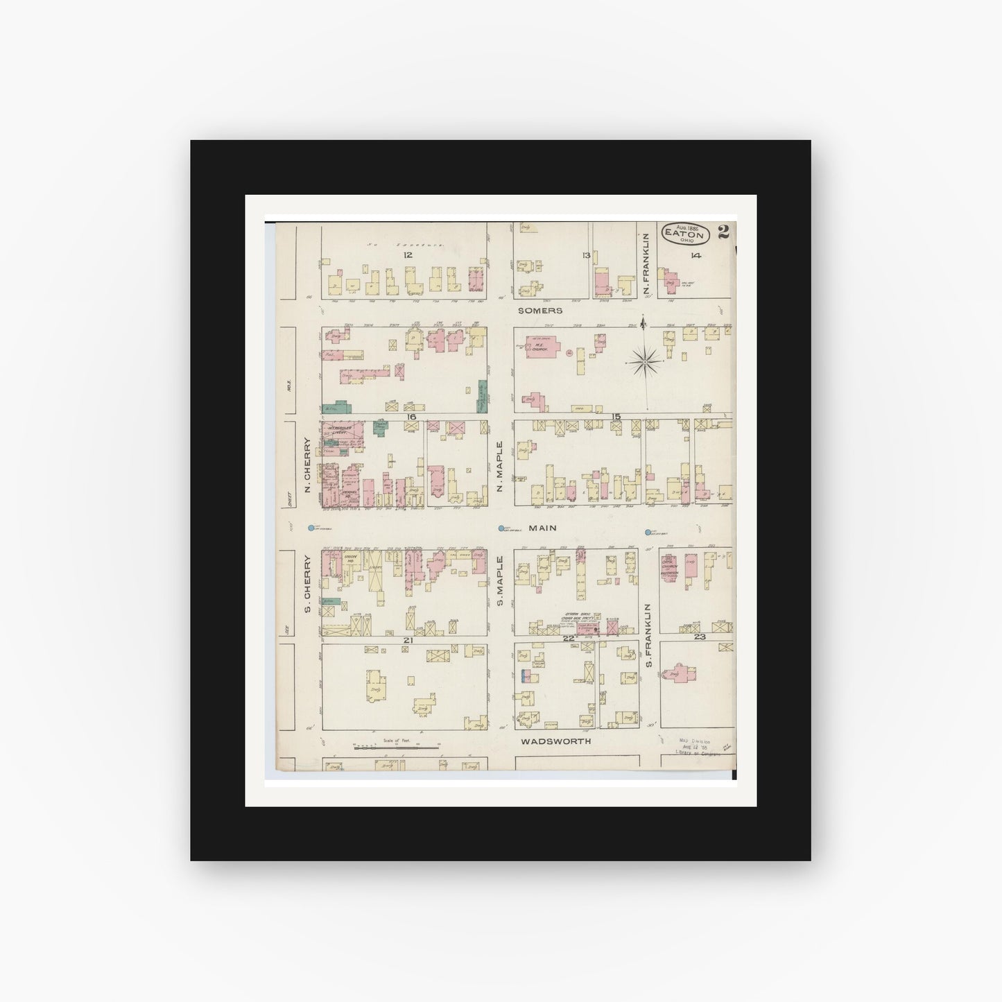 Old map wall art mockup — black gallery frame with white mat — Sanborn Fire Insurance Map from Eaton, Preble County, Ohio (1885), Sheet #0002
