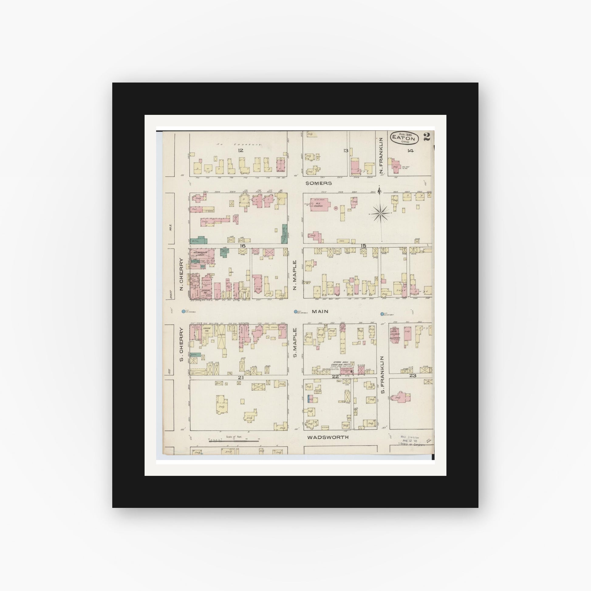 Old map wall art mockup — black gallery frame with white mat — Sanborn Fire Insurance Map from Eaton, Preble County, Ohio (1885), Sheet #0002