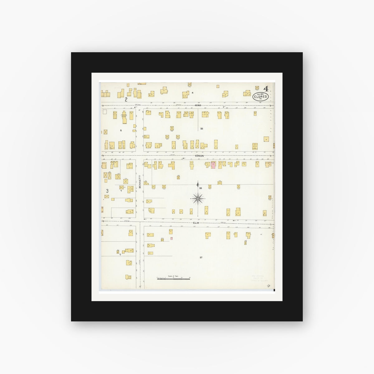 Old map wall art mockup — black gallery frame with white mat — Sanborn Fire Insurance Map from Eldred, McKean County, Pennsylvania (1904), Sheet #0004