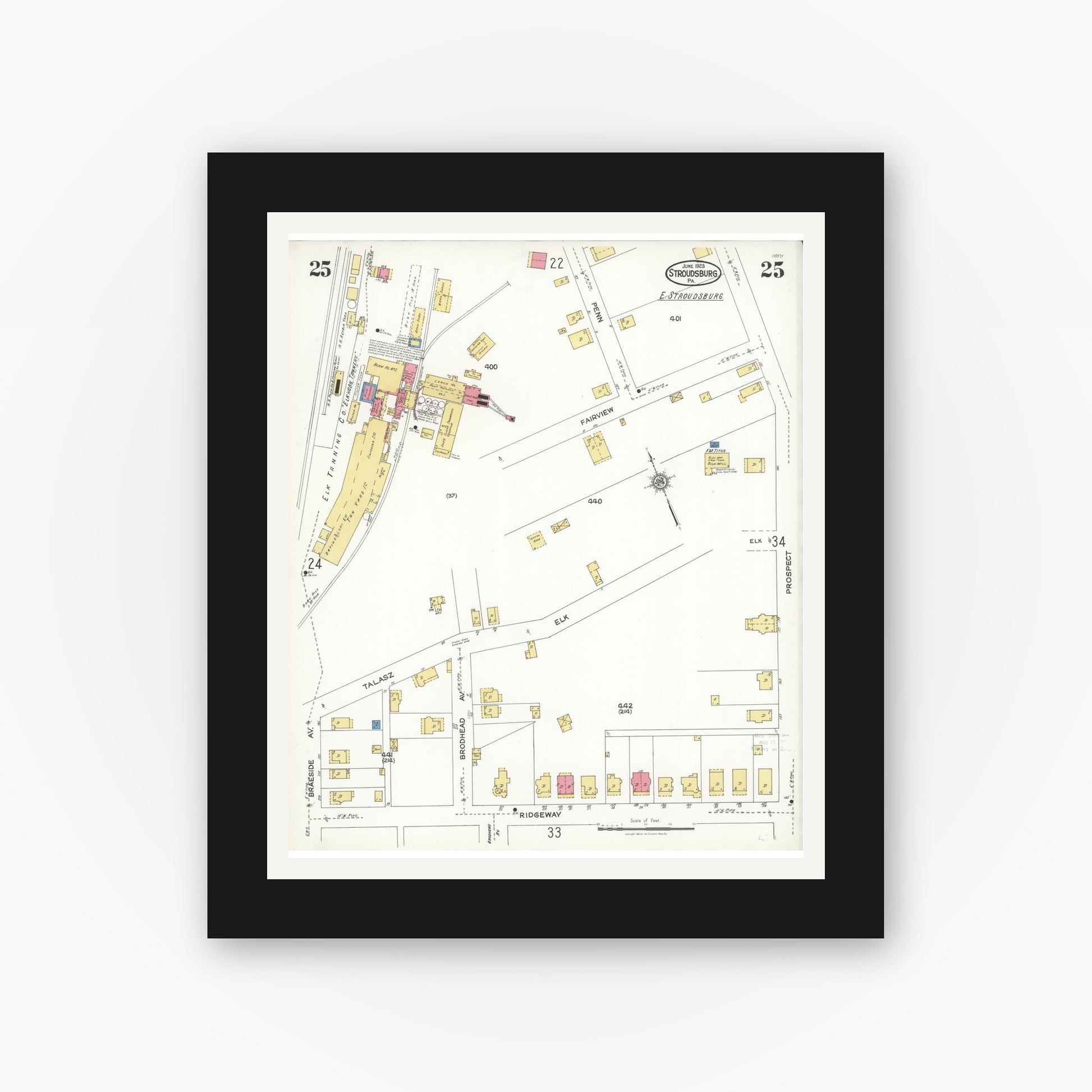 Old map wall art mockup — black gallery frame with white mat — Sanborn Fire Insurance Map from Stroudsburg, Monroe County, Pennsylvania (1923), Sheet #0025