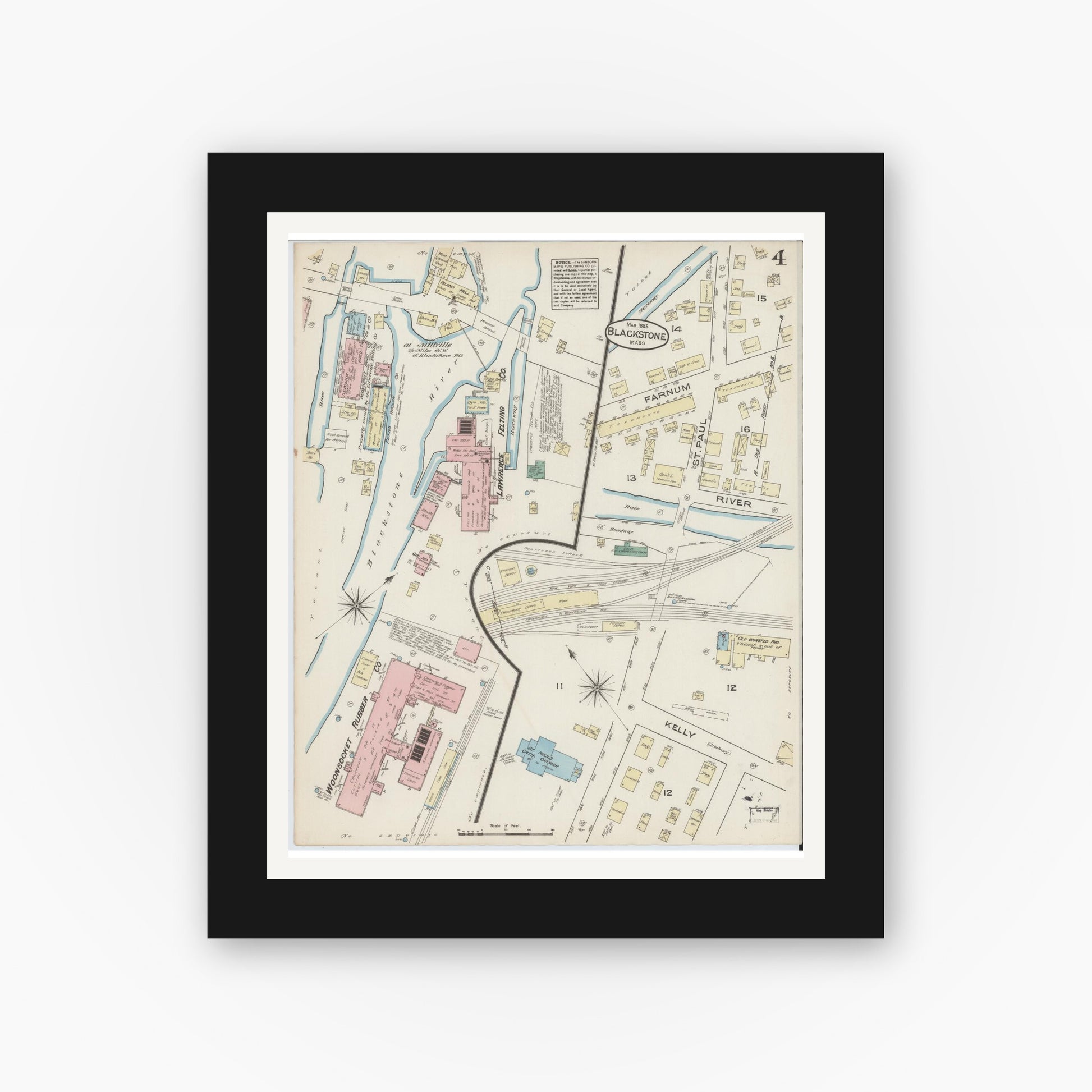Old map wall art mockup — black gallery frame with white mat — Sanborn Fire Insurance Map from Blackstone, Worcester County, Massachusetts (1885), Sheet #0004