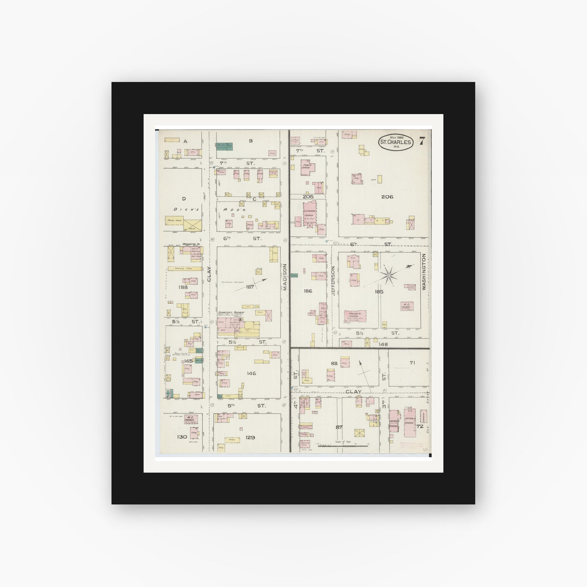 Old map wall art mockup — black gallery frame with white mat — Sanborn Fire Insurance Map from Saint Charles, Saint Charles County, Missouri (1886), Sheet #0007