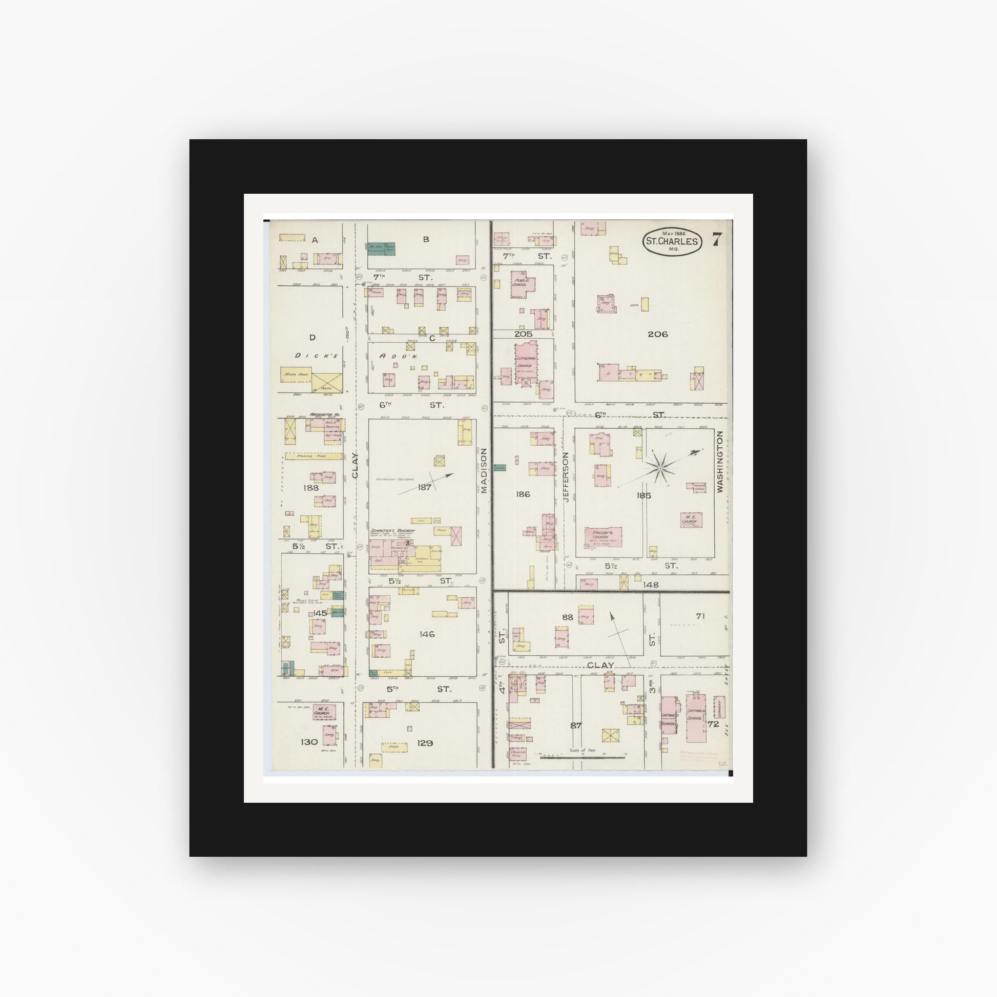Old map wall art mockup — black gallery frame with white mat — Sanborn Fire Insurance Map from Saint Charles, Saint Charles County, Missouri (1886), Sheet #0007