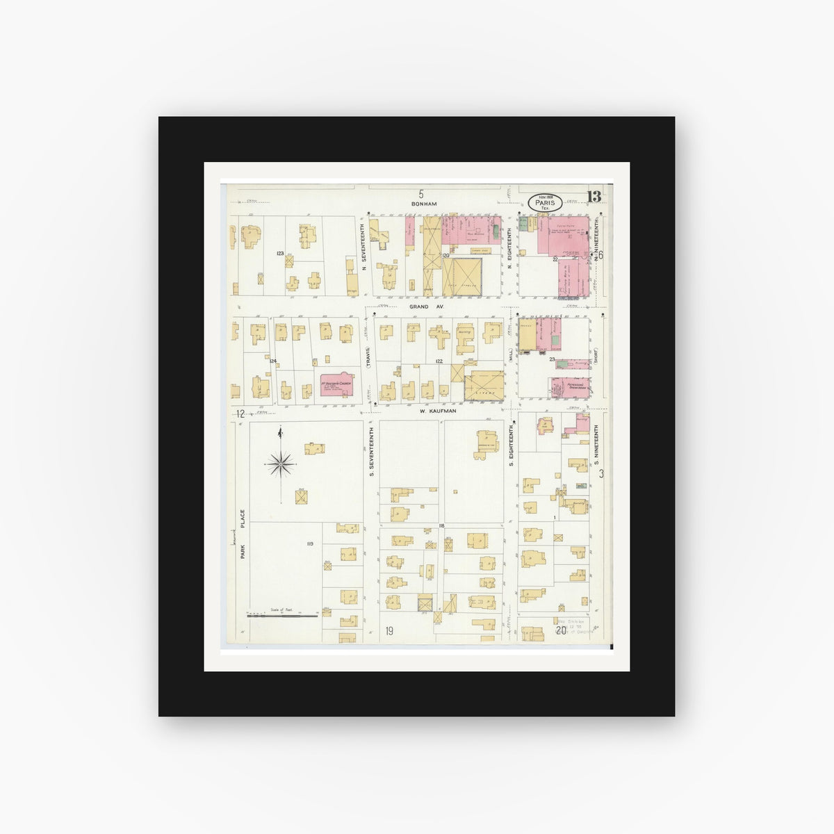 Old map wall art mockup — black gallery frame with white mat — Sanborn Fire Insurance Map from Paris, Lamar County, Texas (1908), Sheet #0013