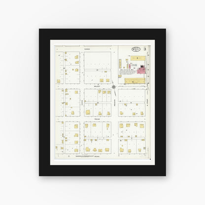 Old map wall art mockup — black gallery frame with white mat — Sanborn Fire Insurance Map from West, McLennan County, Texas (1921), Sheet #0003