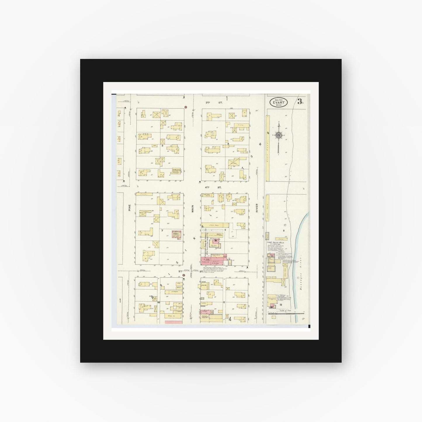 Old map wall art mockup — black gallery frame with white mat — Sanborn Fire Insurance Map from Evart, Osceola County, Michigan (1910), Sheet #0003