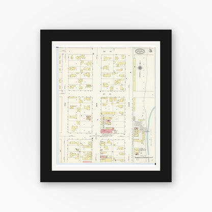 Old map wall art mockup — black gallery frame with white mat — Sanborn Fire Insurance Map from Evart, Osceola County, Michigan (1910), Sheet #0003