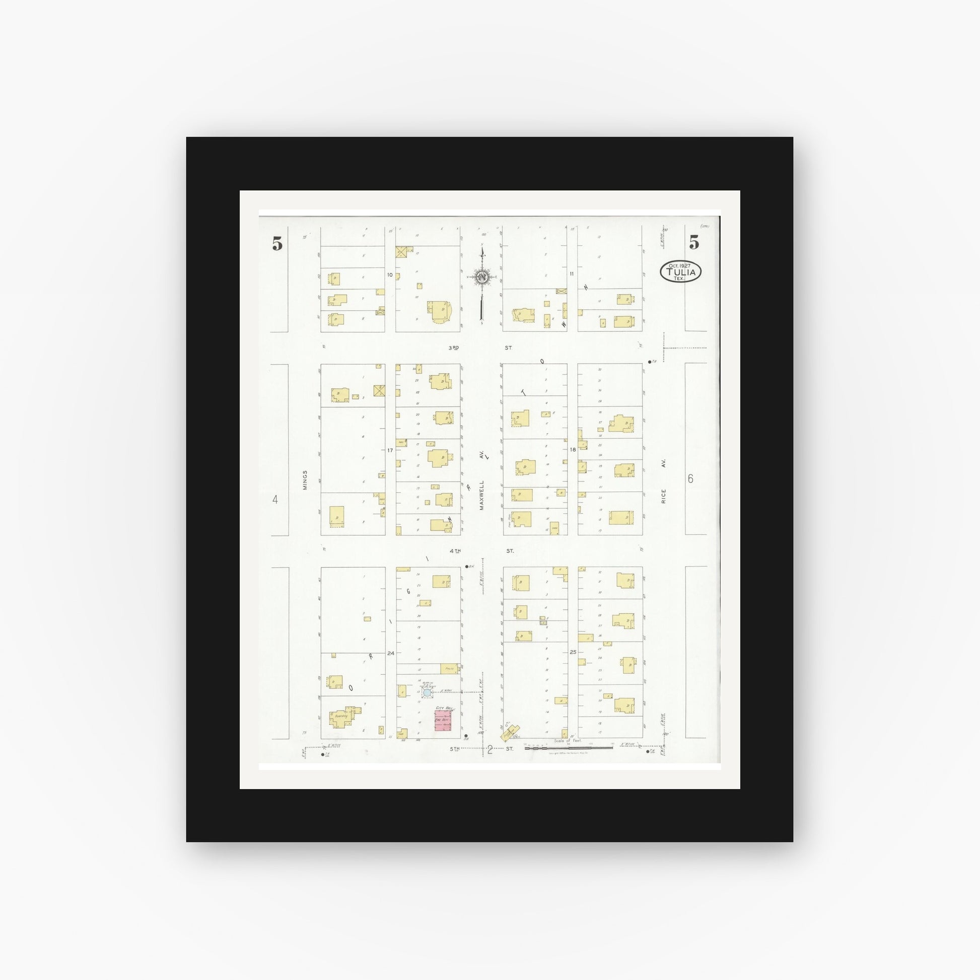 Old map wall art mockup — black gallery frame with white mat — Sanborn Fire Insurance Map from Tulia, Swisher County, Texas (1927), Sheet #0005