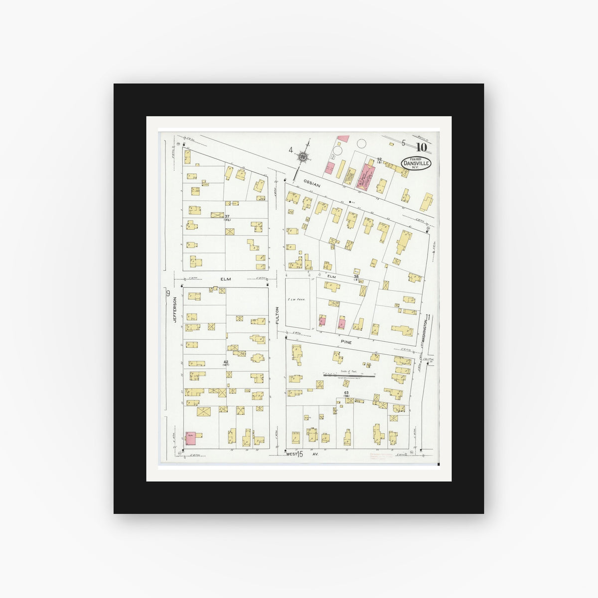 Old map wall art mockup — black gallery frame with white mat — Sanborn Fire Insurance Map from Dansville, Livingston County, New York (1920), Sheet #0010