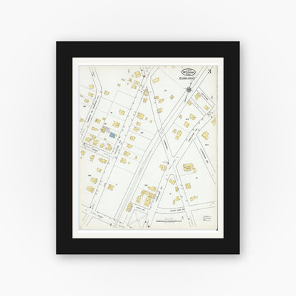 Old map wall art mockup — black gallery frame with white mat — Sanborn Fire Insurance Map from Needham, Norfolk County, Massachusetts (1919), Sheet #0003