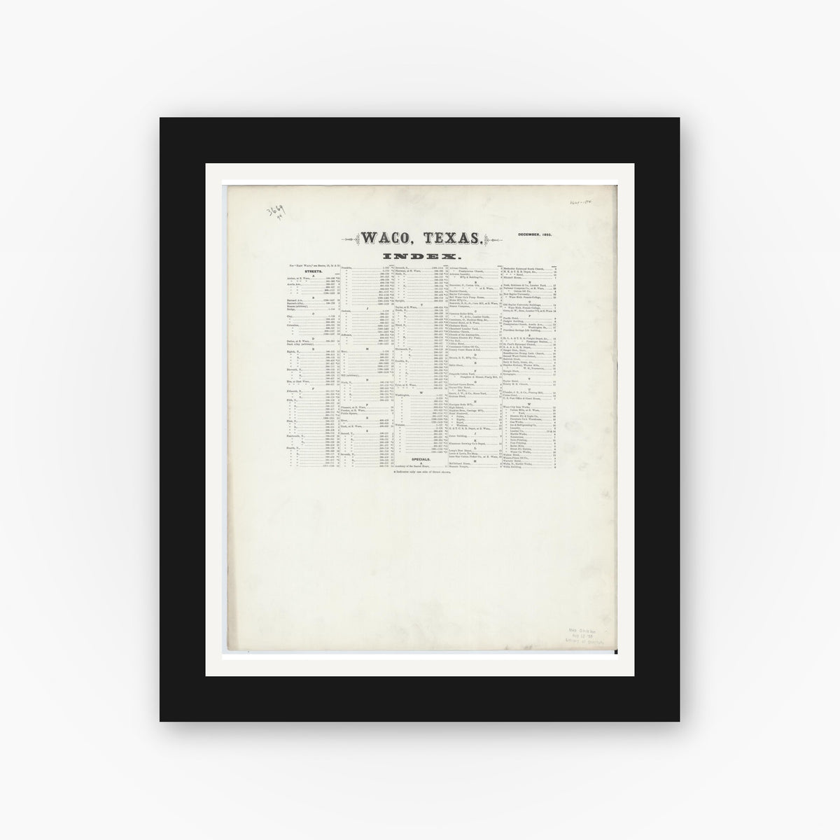 Old map wall art mockup — black gallery frame with white mat — Sanborn Fire Insurance Map from Waco, McLennan County, Texas (1893), Sheet #0001