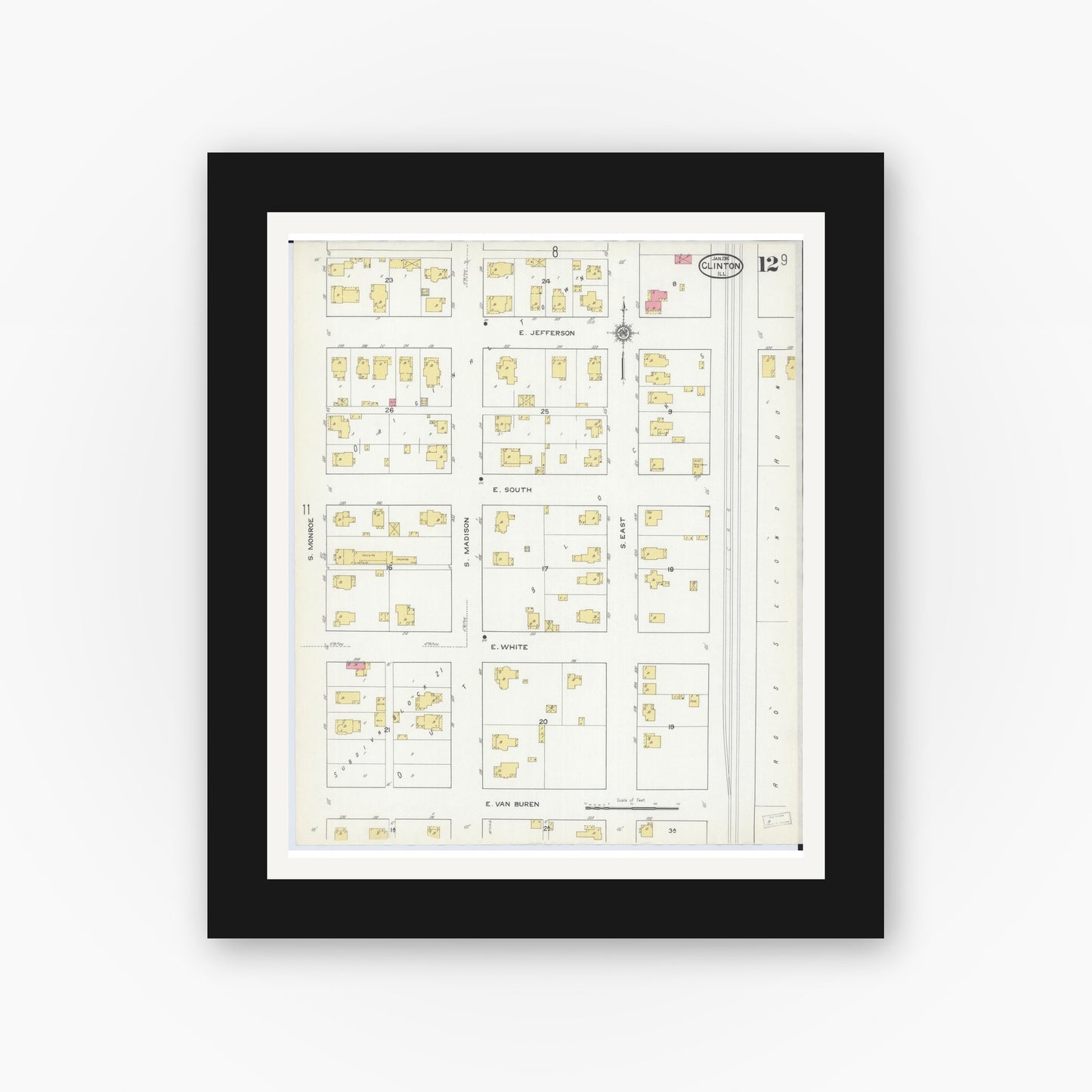 Old map wall art mockup — black gallery frame with white mat — Sanborn Fire Insurance Map from Clinton, De Witt County, Illinois (1916), Sheet #0012