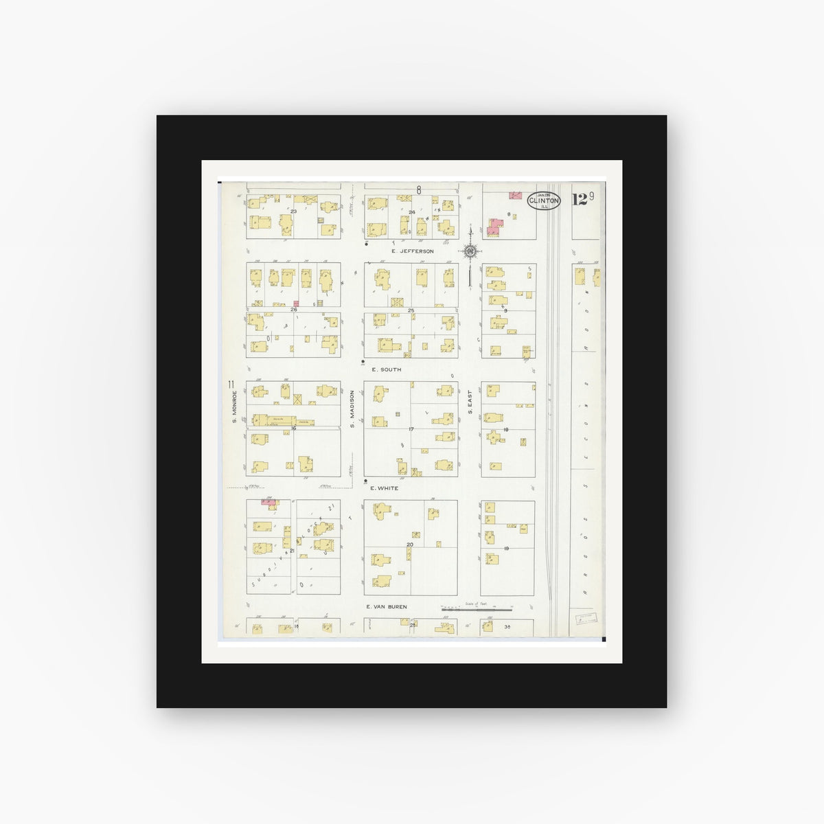 Old map wall art mockup — black gallery frame with white mat — Sanborn Fire Insurance Map from Clinton, De Witt County, Illinois (1916), Sheet #0012