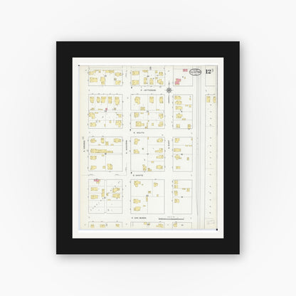 Old map wall art mockup — black gallery frame with white mat — Sanborn Fire Insurance Map from Clinton, De Witt County, Illinois (1916), Sheet #0012