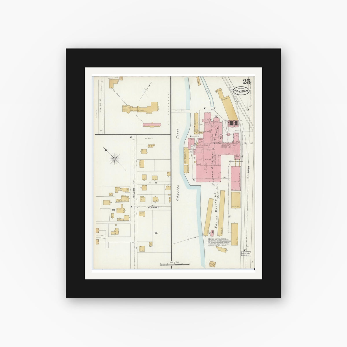 Old map wall art mockup — black gallery frame with white mat — Sanborn Fire Insurance Map from Waltham, Middlesex County, Massachusetts (1897), Sheet #0025