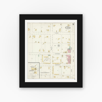 Old map wall art mockup — black gallery frame with white mat — Sanborn Fire Insurance Map from Pilot Point, Denton County, Texas (1896), Sheet #0002
