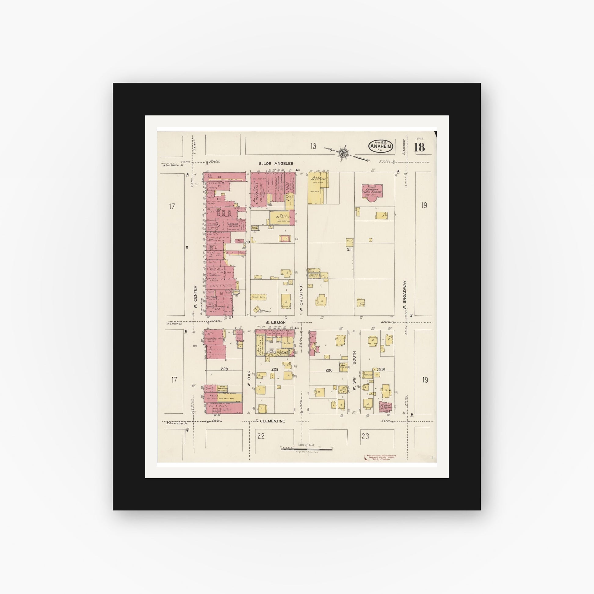 Old map wall art mockup — black gallery frame with white mat — Sanborn Fire Insurance Map from Anaheim, Orange County, California (1922), Sheet #0018