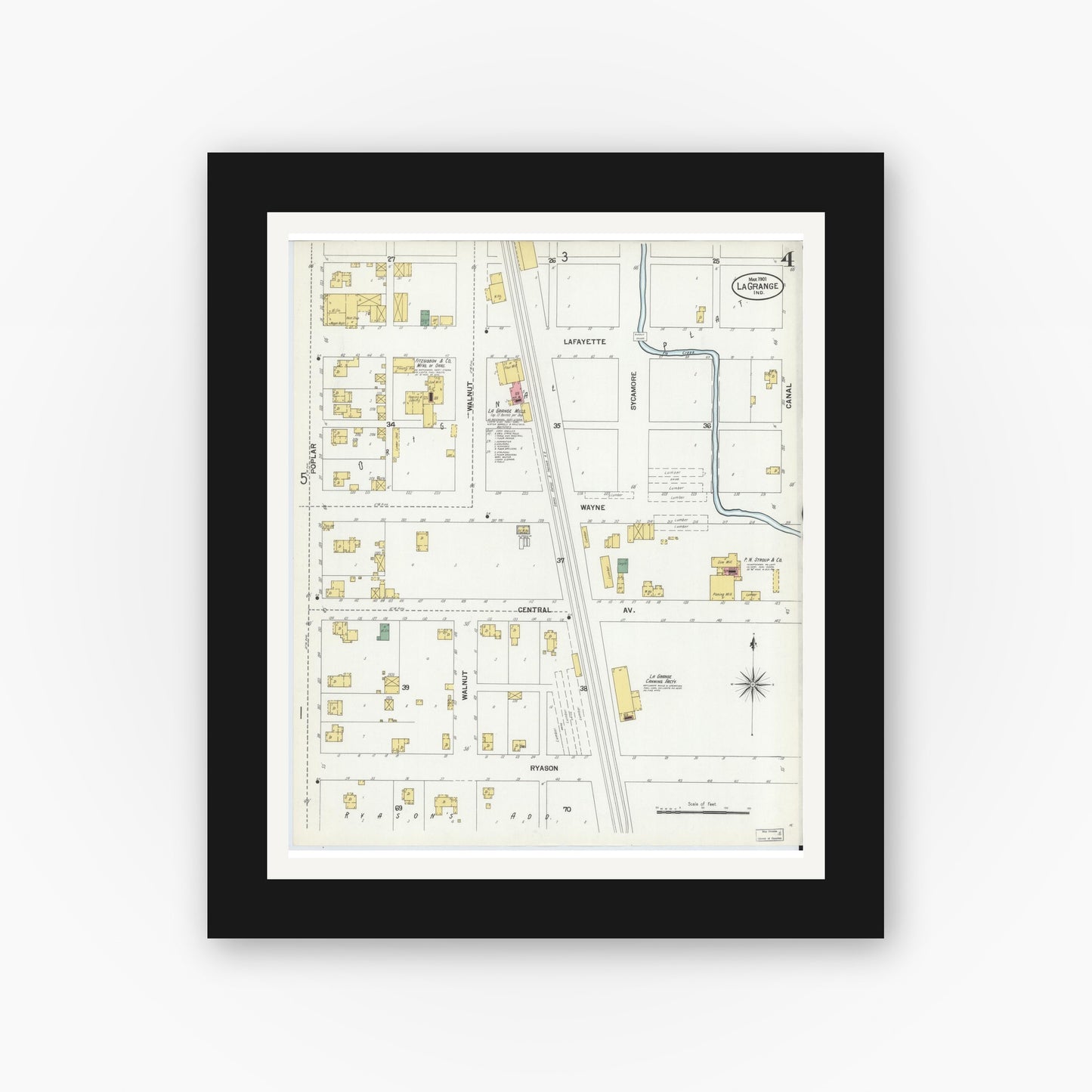 Old map wall art mockup — black gallery frame with white mat — Sanborn Fire Insurance Map from Lagrange, LaGrange County, Indiana (1901), Sheet #0004