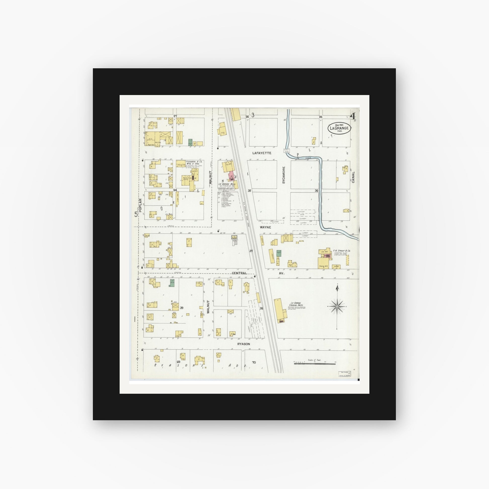 Old map wall art mockup — black gallery frame with white mat — Sanborn Fire Insurance Map from Lagrange, LaGrange County, Indiana (1901), Sheet #0004