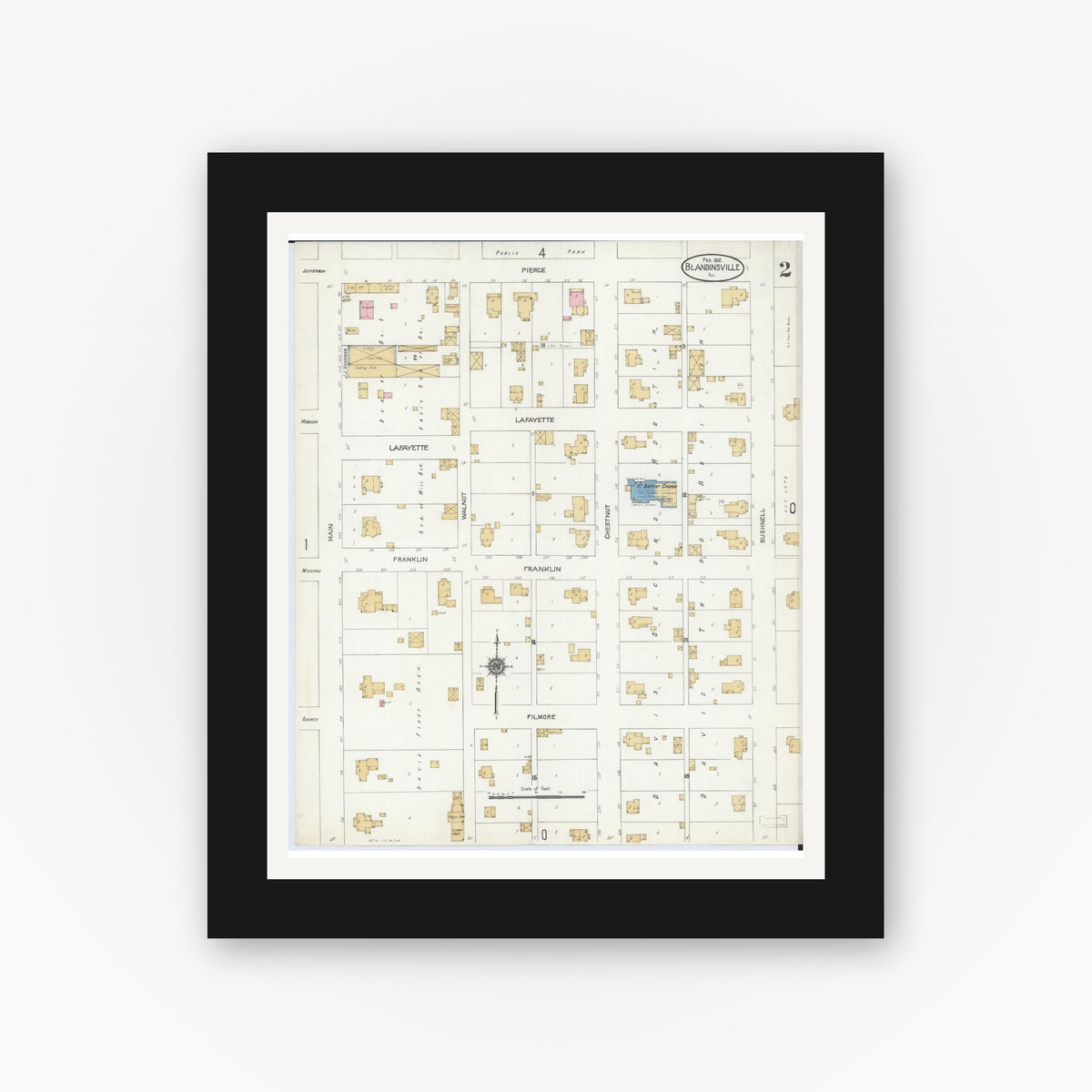 Old map wall art mockup — black gallery frame with white mat — Sanborn Fire Insurance Map from Blandinsville, Mcdonough County, Illinois (1912), Sheet #0002