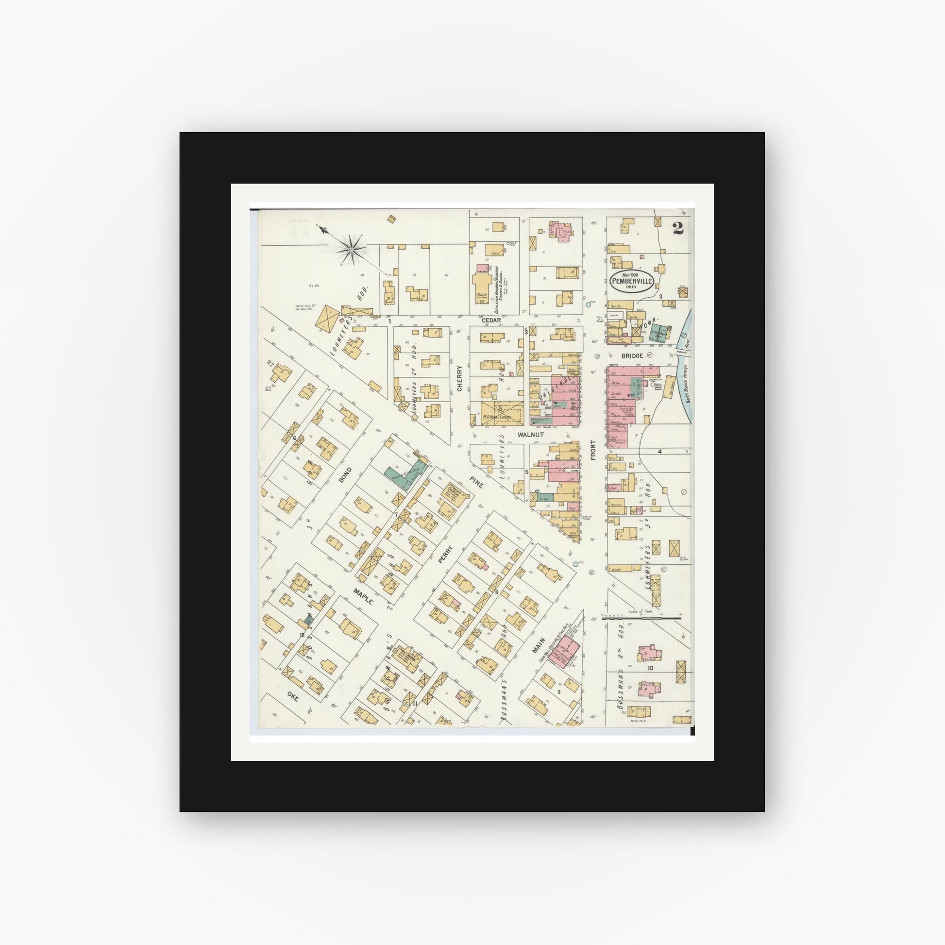 Old map wall art mockup — black gallery frame with white mat — Sanborn Fire Insurance Map from Pemberville, Wood County, Ohio (1900), Sheet #0002
