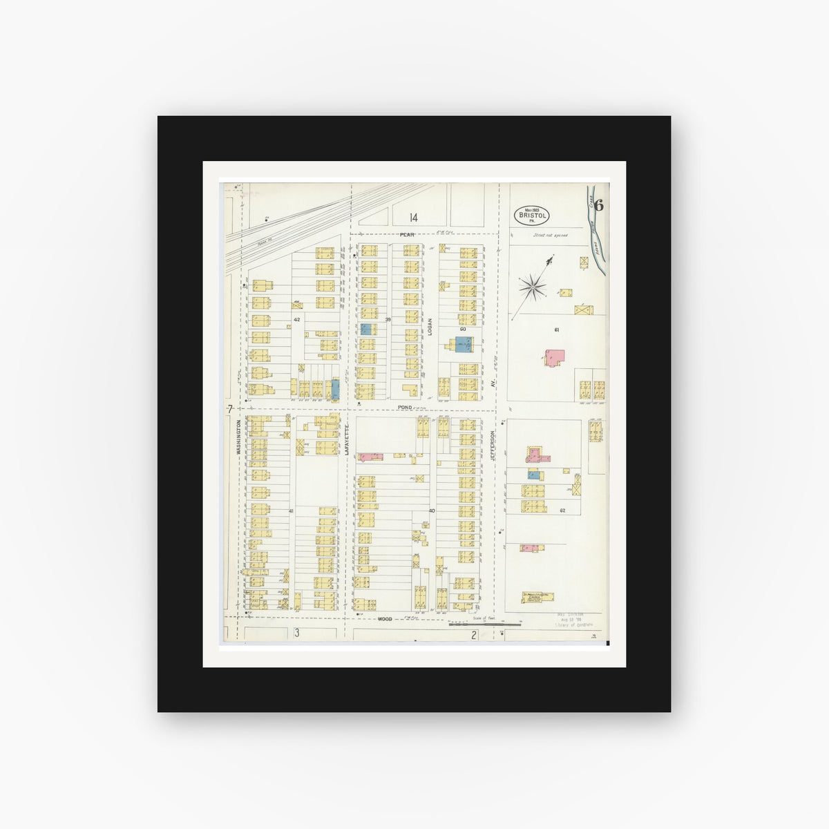 Old map wall art mockup — black gallery frame with white mat — Sanborn Fire Insurance Map from Bristol, Bucks County, Pennsylvania (1903), Sheet #0006