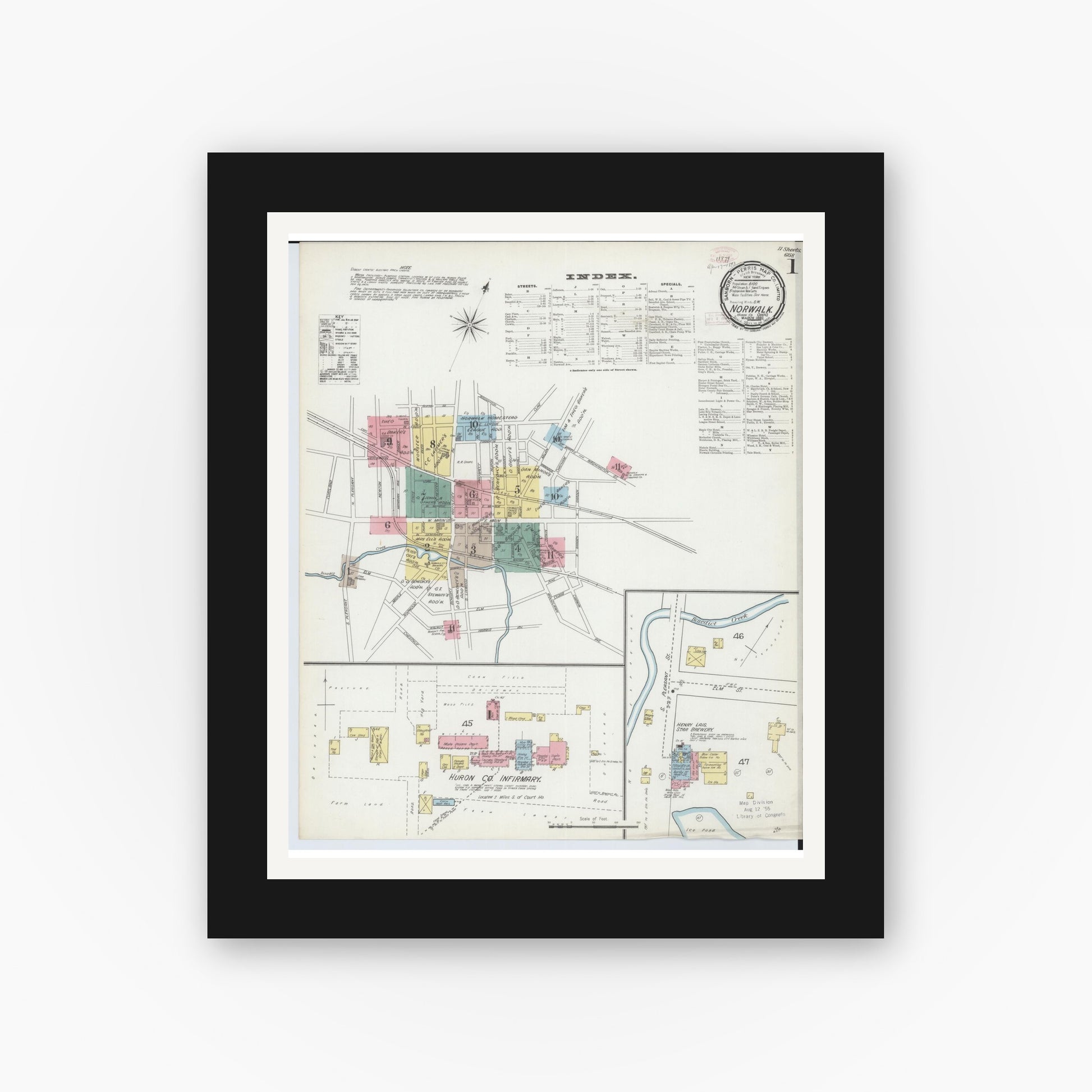 Old map wall art mockup — black gallery frame with white mat — Sanborn Fire Insurance Map from Norwalk, Huron County, Ohio (1893) - Complete Map Set