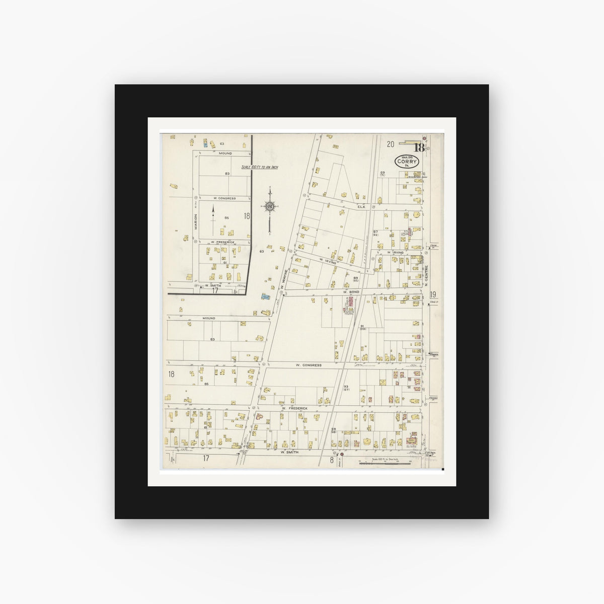 Old map wall art mockup — black gallery frame with white mat — Sanborn Fire Insurance Map from Corry, Erie County, Pennsylvania (1915), Sheet #0018