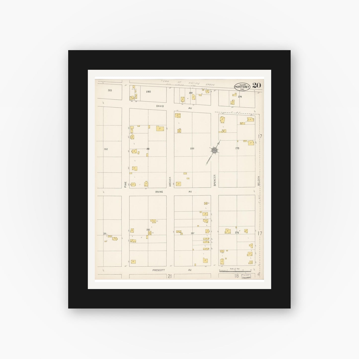 Old map wall art mockup — black gallery frame with white mat — Sanborn Fire Insurance Map from Monterey, Monterey County, California (1912), Sheet #0020