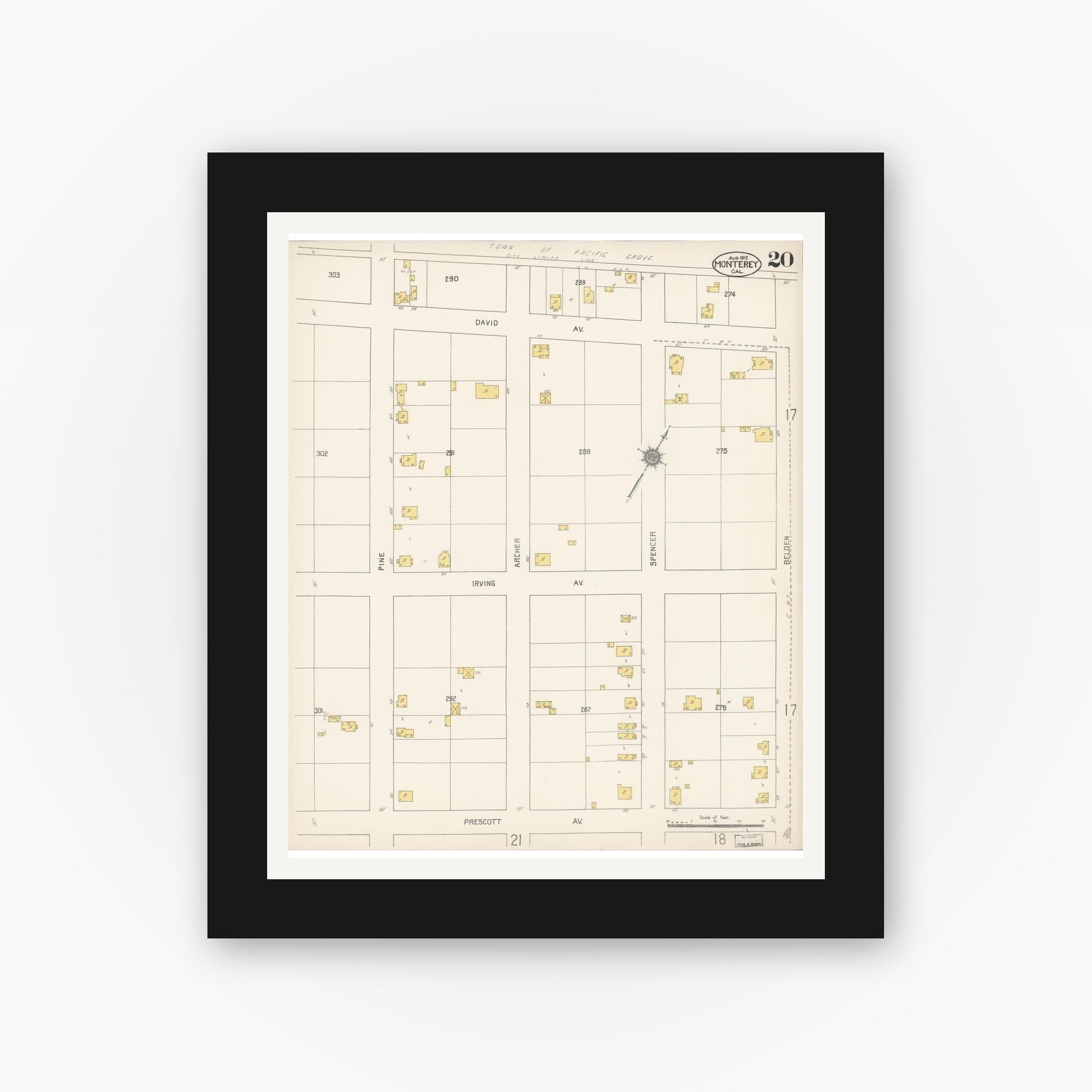 Old map wall art mockup — black gallery frame with white mat — Sanborn Fire Insurance Map from Monterey, Monterey County, California (1912), Sheet #0020