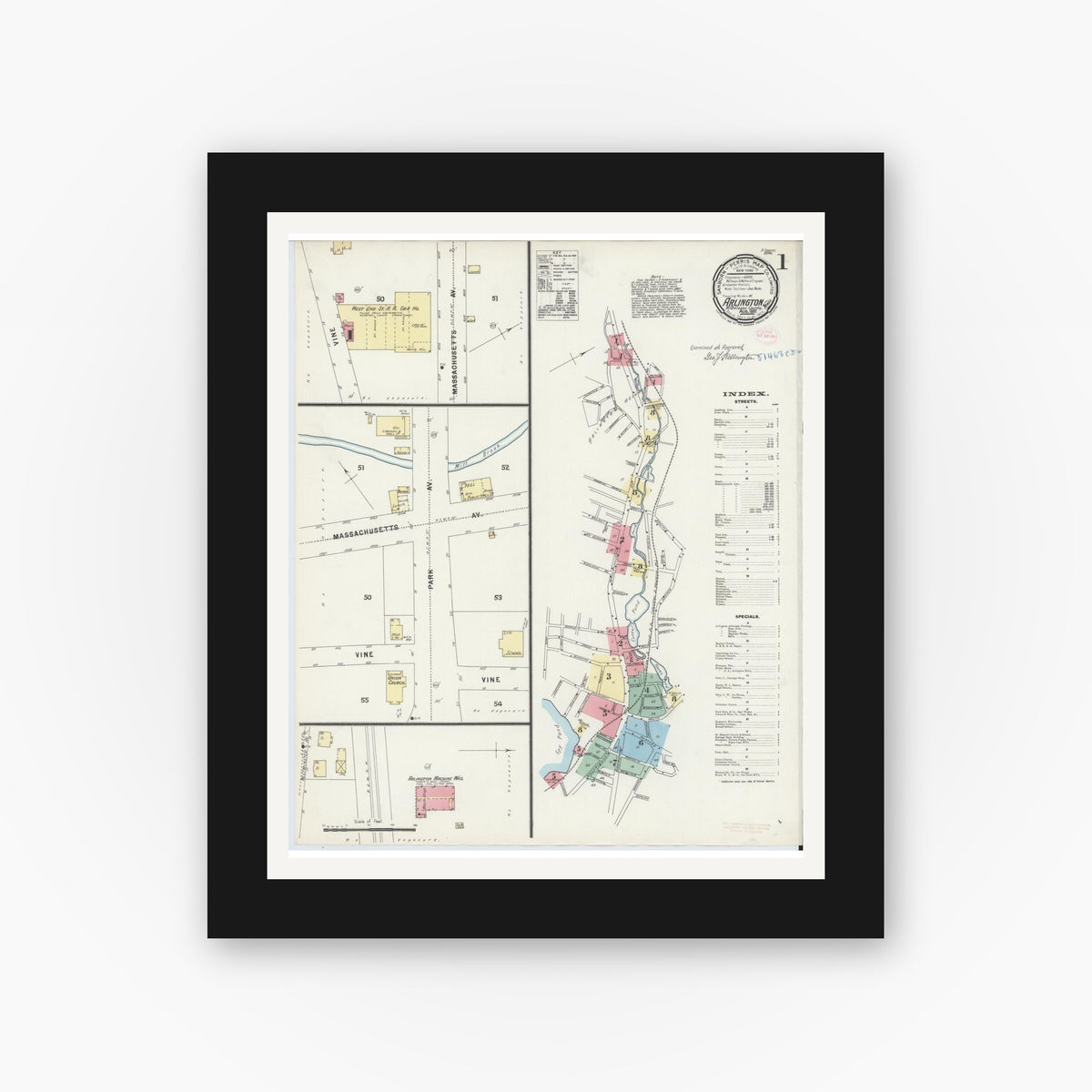 Old map wall art mockup — black gallery frame with white mat — Sanborn Fire Insurance Map from Arlington, Middlesex County, Massachusetts (1897) - Complete Map Set