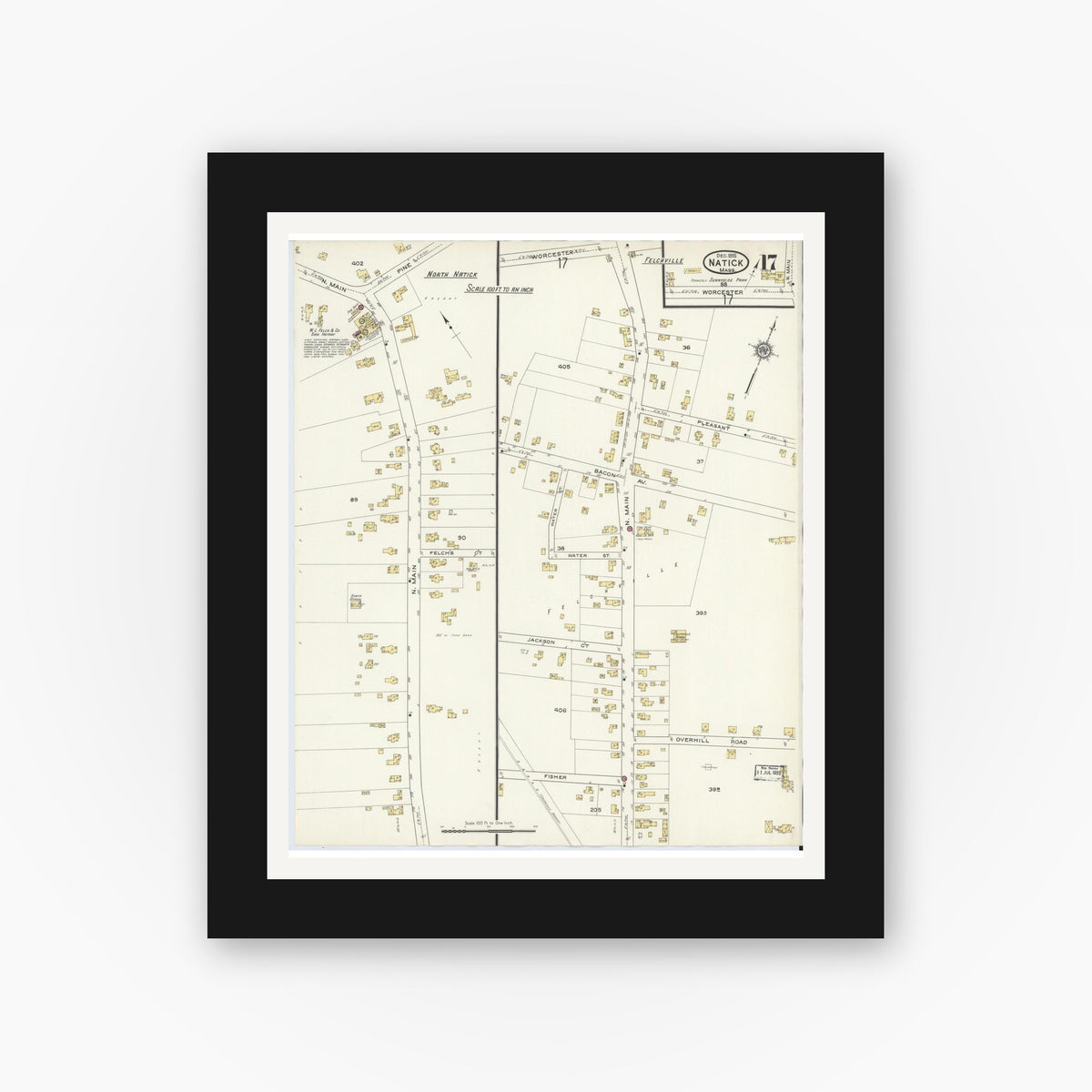 Old map wall art mockup — black gallery frame with white mat — Sanborn Fire Insurance Map from Natick, Middlesex County, Massachusetts (1915), Sheet #0017