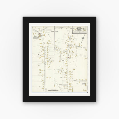 Old map wall art mockup — black gallery frame with white mat — Sanborn Fire Insurance Map from Natick, Middlesex County, Massachusetts (1915), Sheet #0017