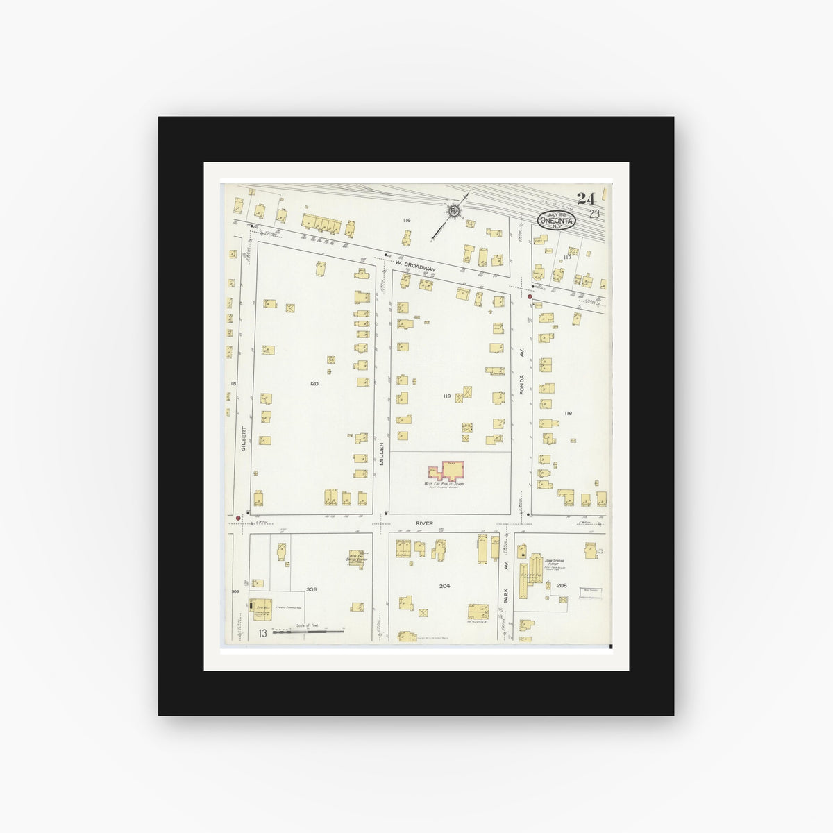Old map wall art mockup — black gallery frame with white mat — Sanborn Fire Insurance Map from Oneonta, Otsego County, New York (1916), Sheet #0024