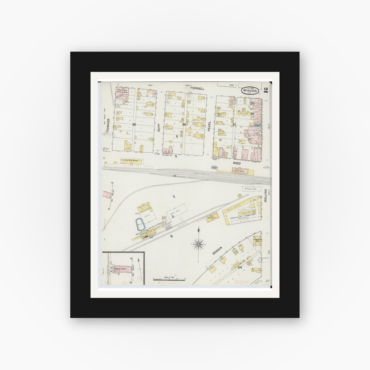Old map wall art mockup — black gallery frame with white mat — Sanborn Fire Insurance Map from Macon, Macon County, Missouri (1890), Sheet #0002