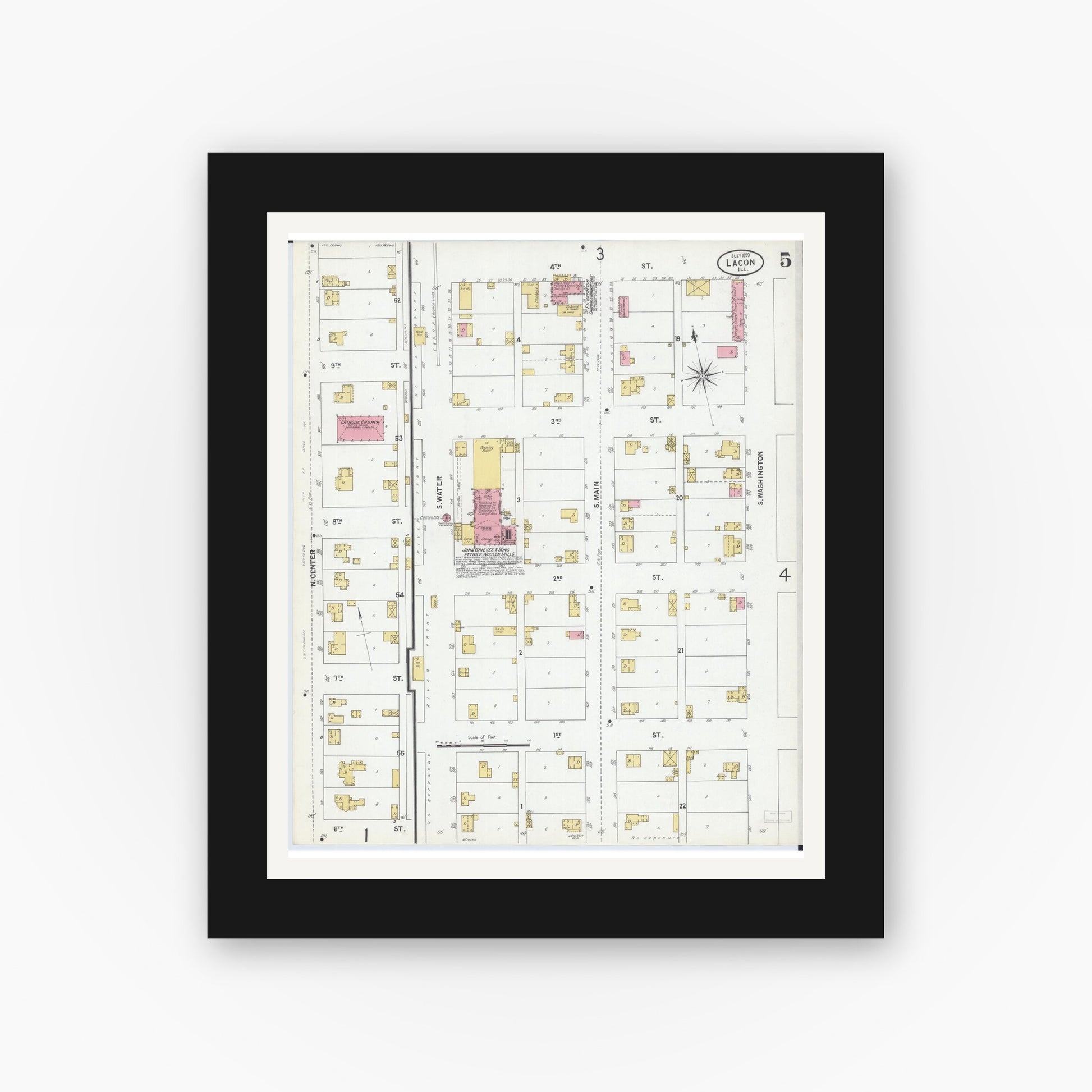 Old map wall art mockup — black gallery frame with white mat — Sanborn Fire Insurance Map from Lacon, Marshall County, Illinois (1899), Sheet #0005