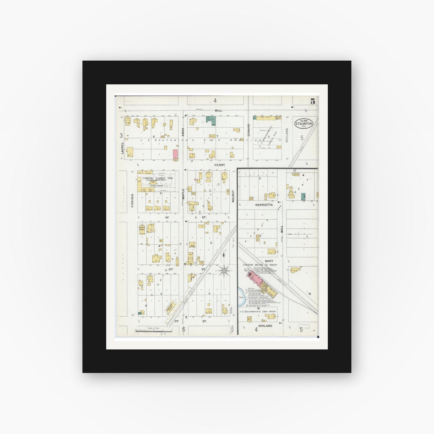 Old map wall art mockup — black gallery frame with white mat — Sanborn Fire Insurance Map from Staunton, Macoupin County, Illinois (1899), Sheet #0005