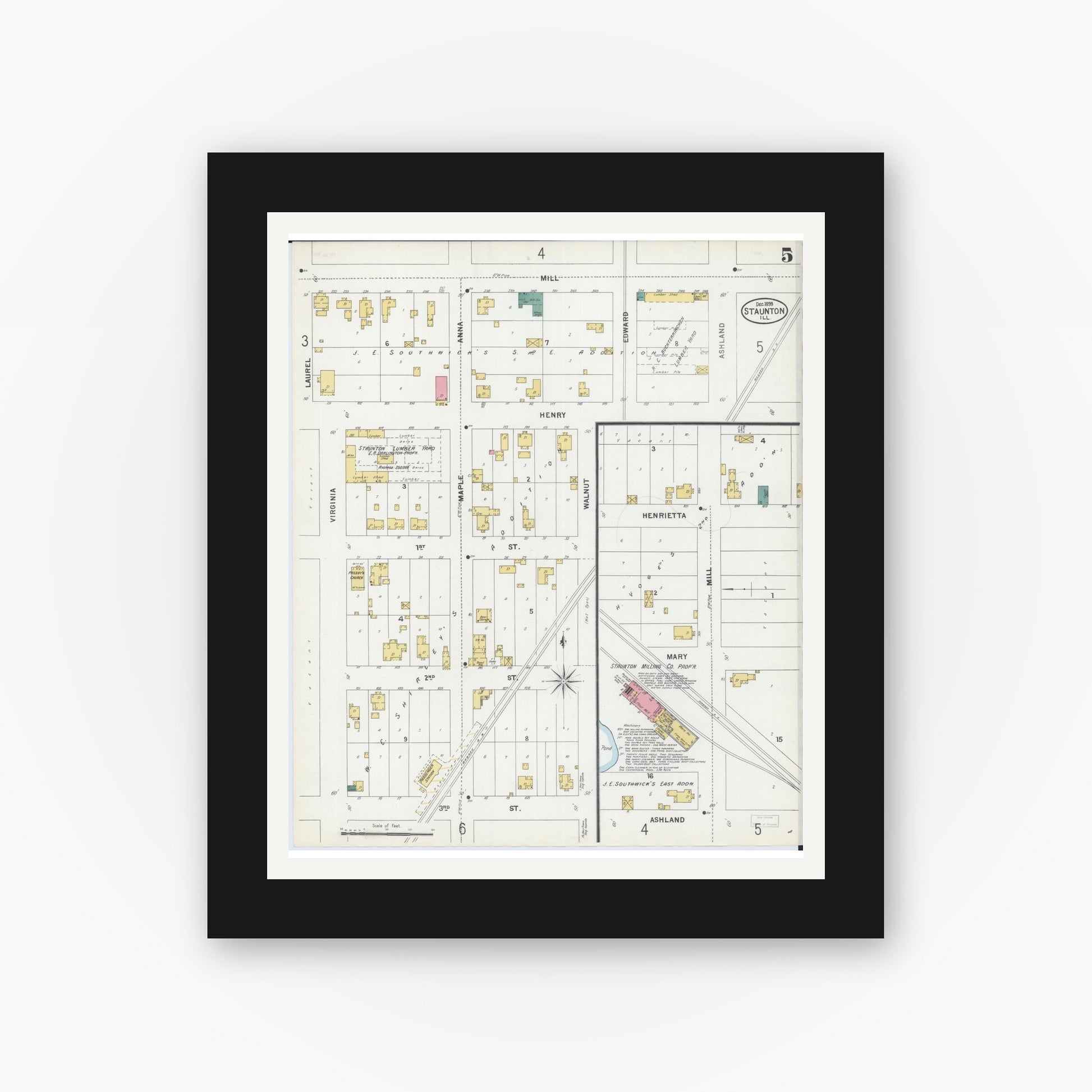 Old map wall art mockup — black gallery frame with white mat — Sanborn Fire Insurance Map from Staunton, Macoupin County, Illinois (1899), Sheet #0005