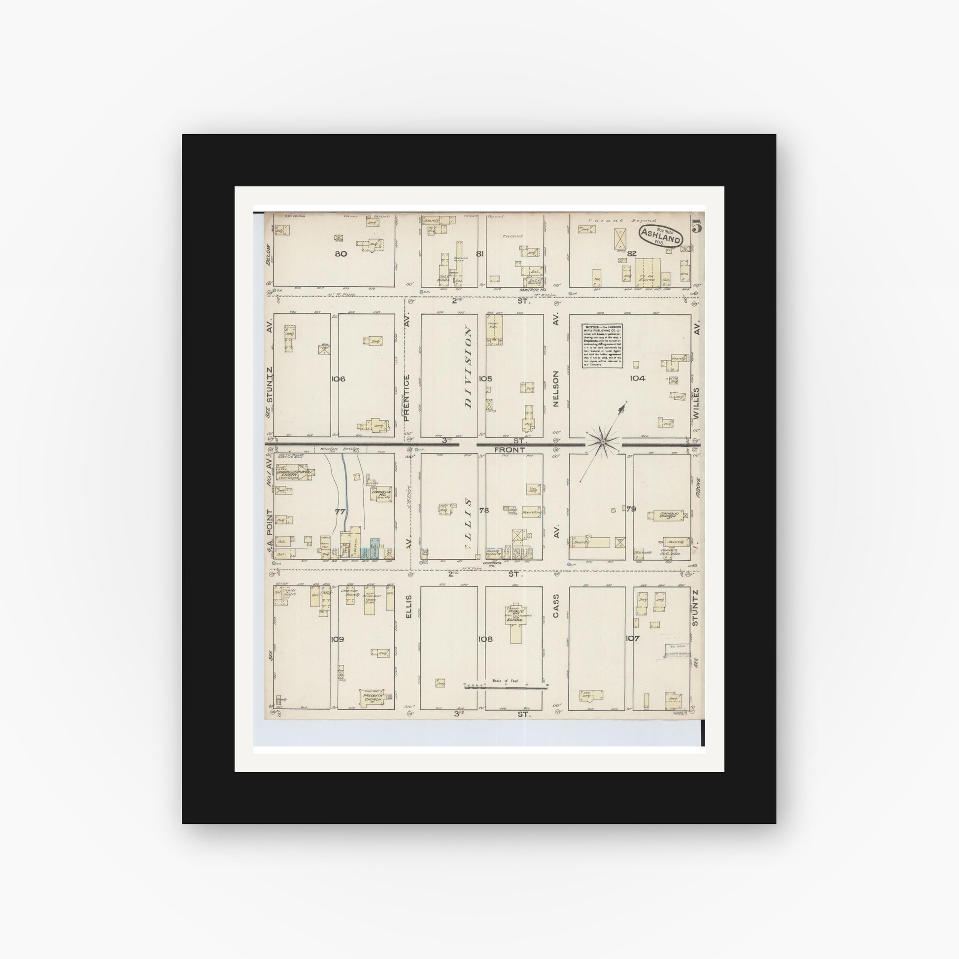 Old map wall art mockup — black gallery frame with white mat — Sanborn Fire Insurance Map from Ashland, Ashland County, Wisconsin (1884), Sheet #0005