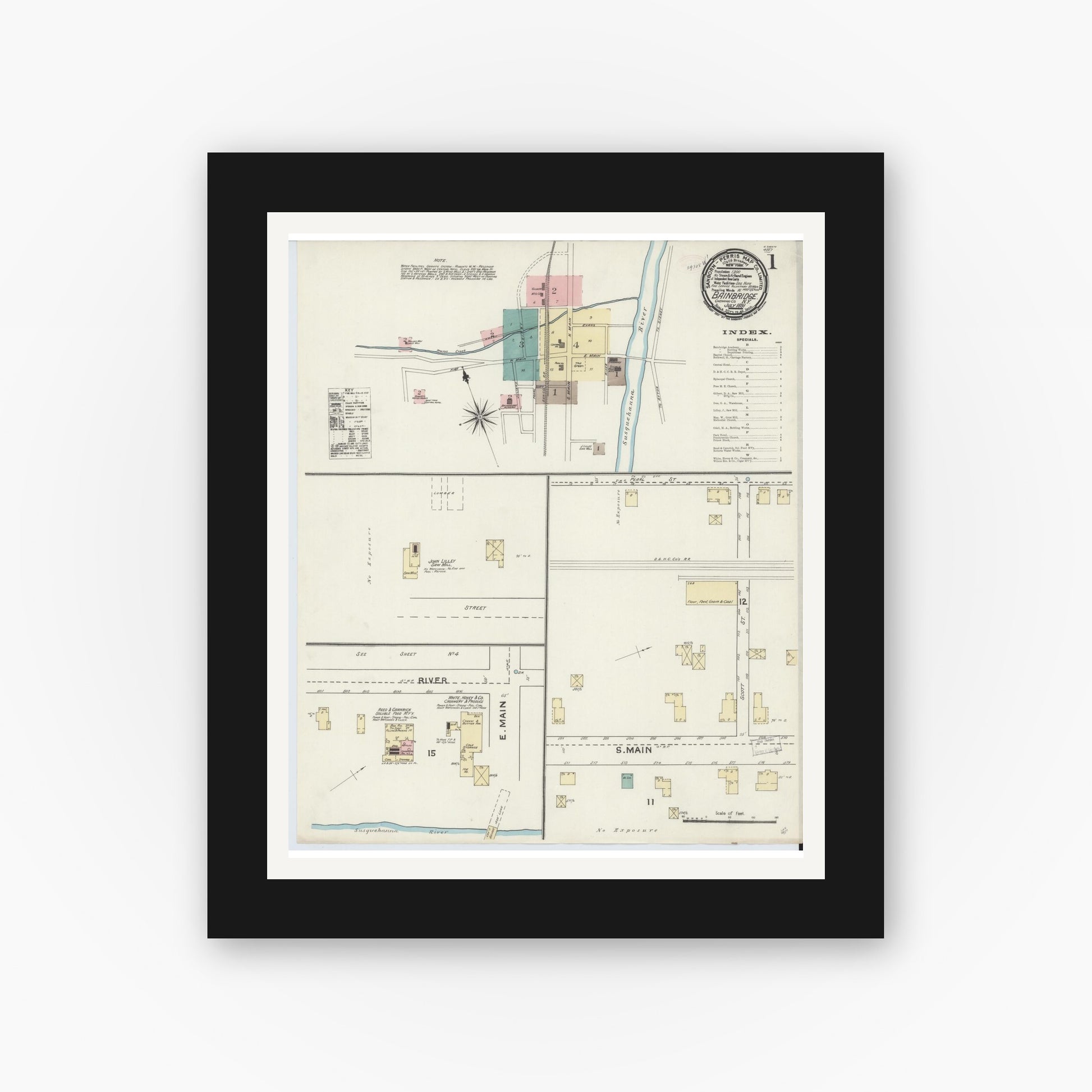 Old map wall art mockup — black gallery frame with white mat — Sanborn Fire Insurance Map from Bainbridge, Chenango County, New York (1891) - Complete Map Set
