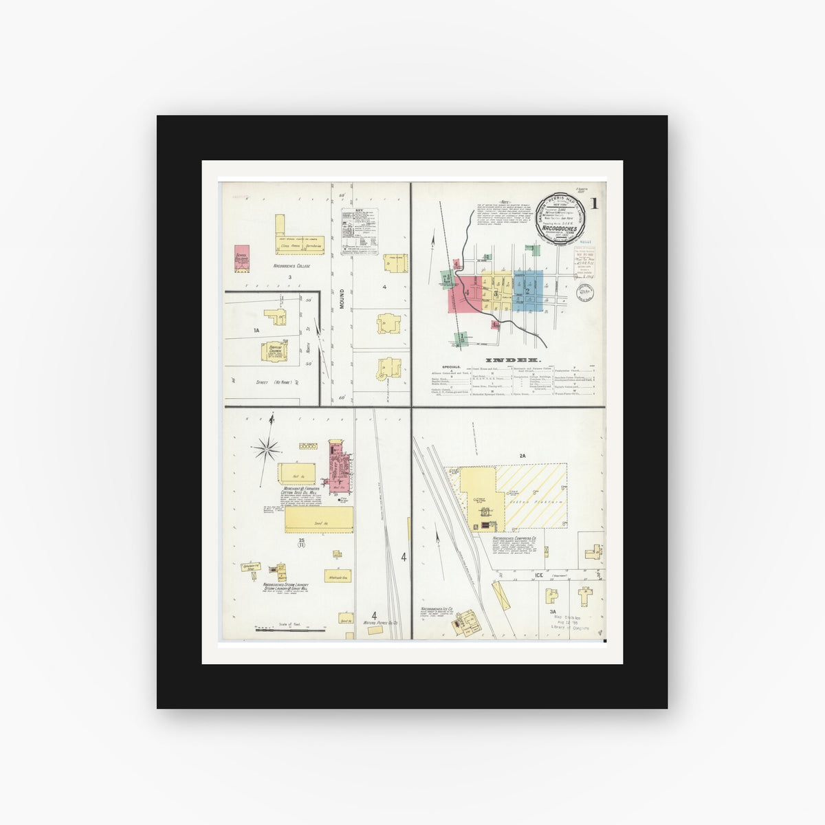 Old map wall art mockup — black gallery frame with white mat — Sanborn Fire Insurance Map from Nacogdoches, Nacogdoches County, Texas (1900) - Complete Map Set